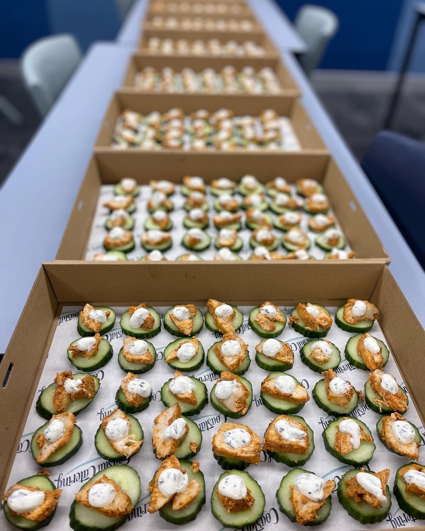 Boxes of catered food containing chicken on cucumber — Coastal Catering in North Avoca, NSW