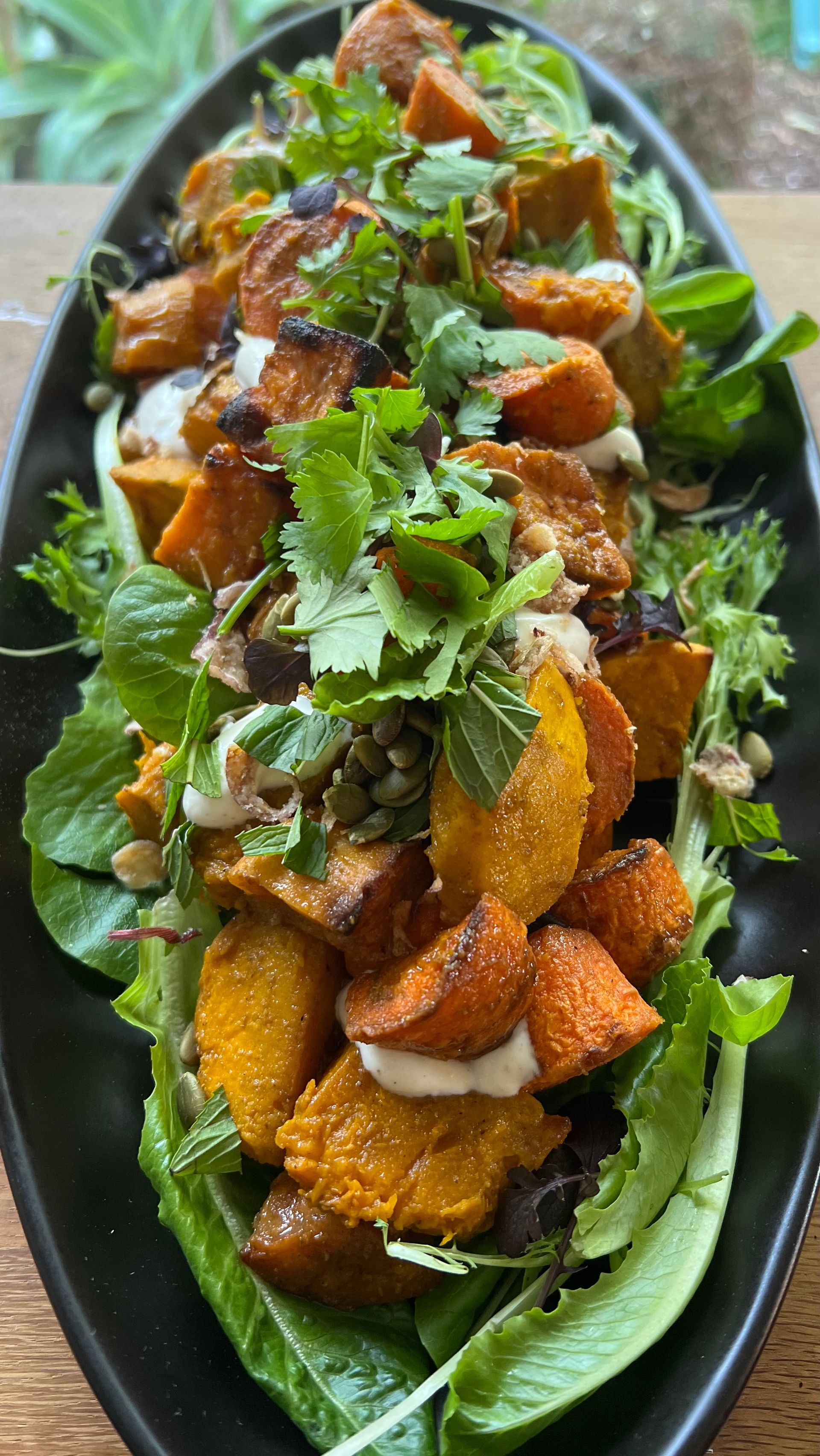 A longways plate of greens, pumpkin, beans and potatoes — Coastal Catering in North Avoca, NSW