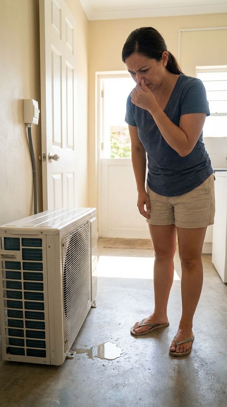Woman grimaces at a leaking AC unit in a utility room. Water puddle on the floor.
