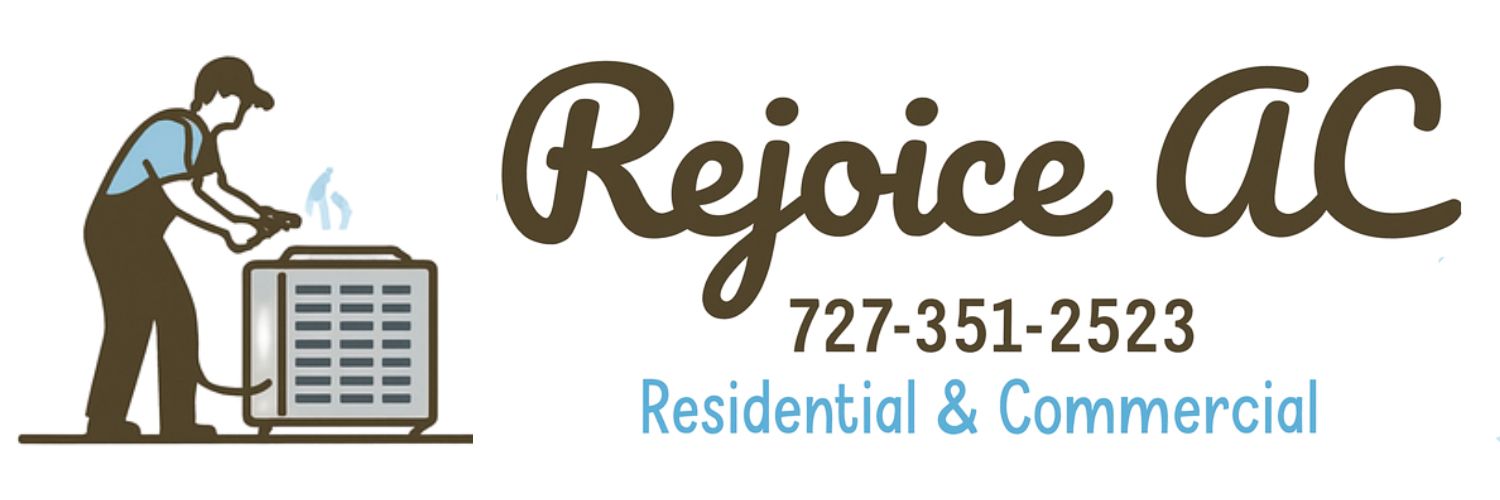 Logo for Rejoice AC, includes an AC repairman and the phone number 727-351-2523.