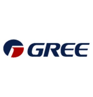 Logo for GREE, an air conditioning manufacturer, featuring a navy blue and red emblem and navy text.