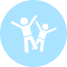 Two stick figures with arms raised in joy inside a blue circle.
