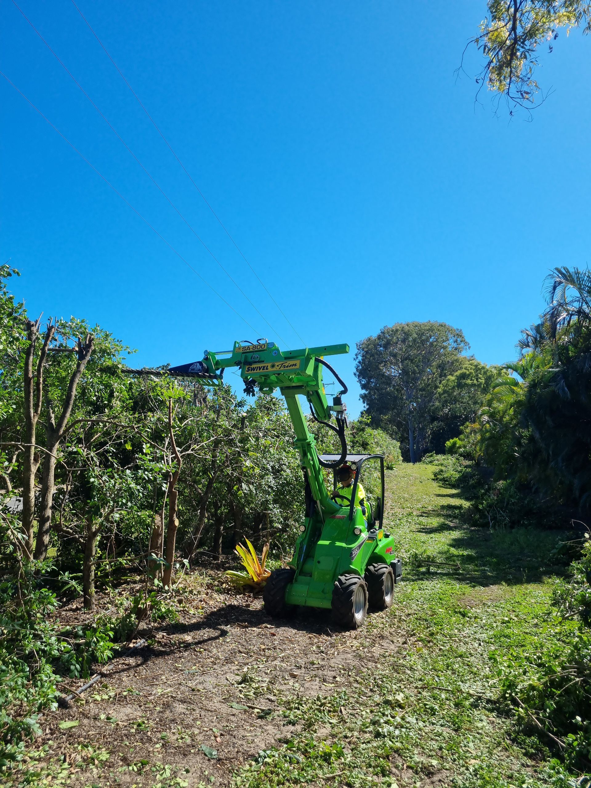 A person is cutting a tree branch with a chainsaw.