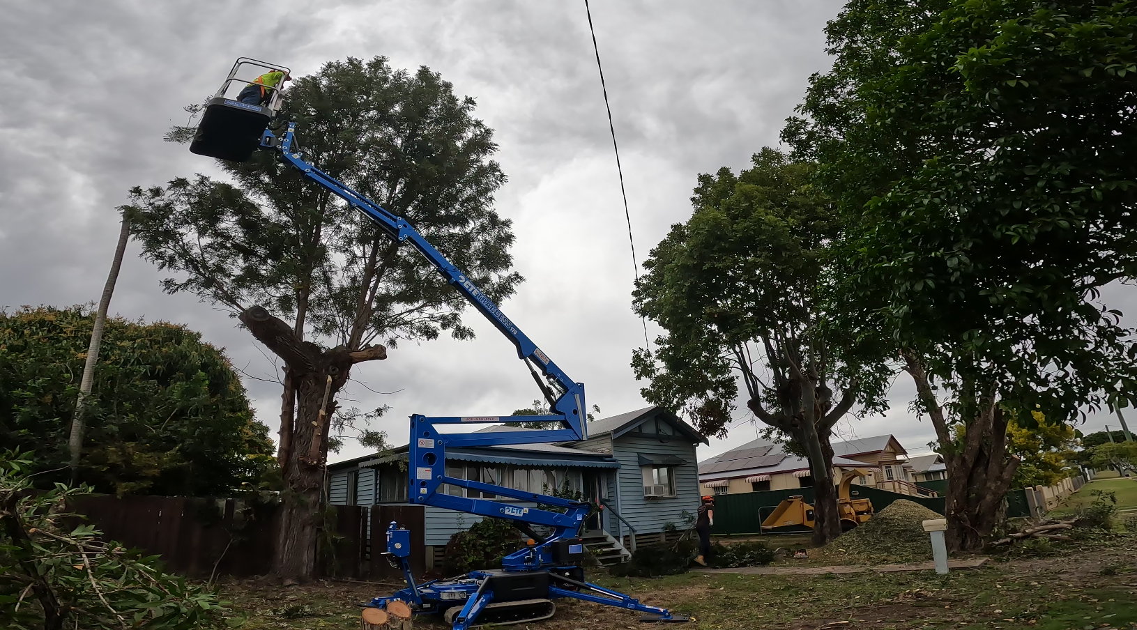 A man is cutting a tree with a crane in front of a house.