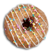 Glazed donut with white icing stripes and colorful sprinkles.