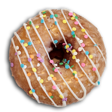 Glazed donut with white icing stripes and colorful sprinkles.