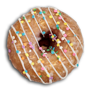 Glazed donut with white icing stripes and colorful sprinkles.