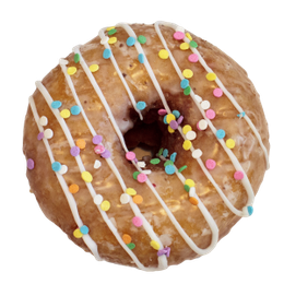 Glazed donut with white icing stripes and colorful sprinkles.