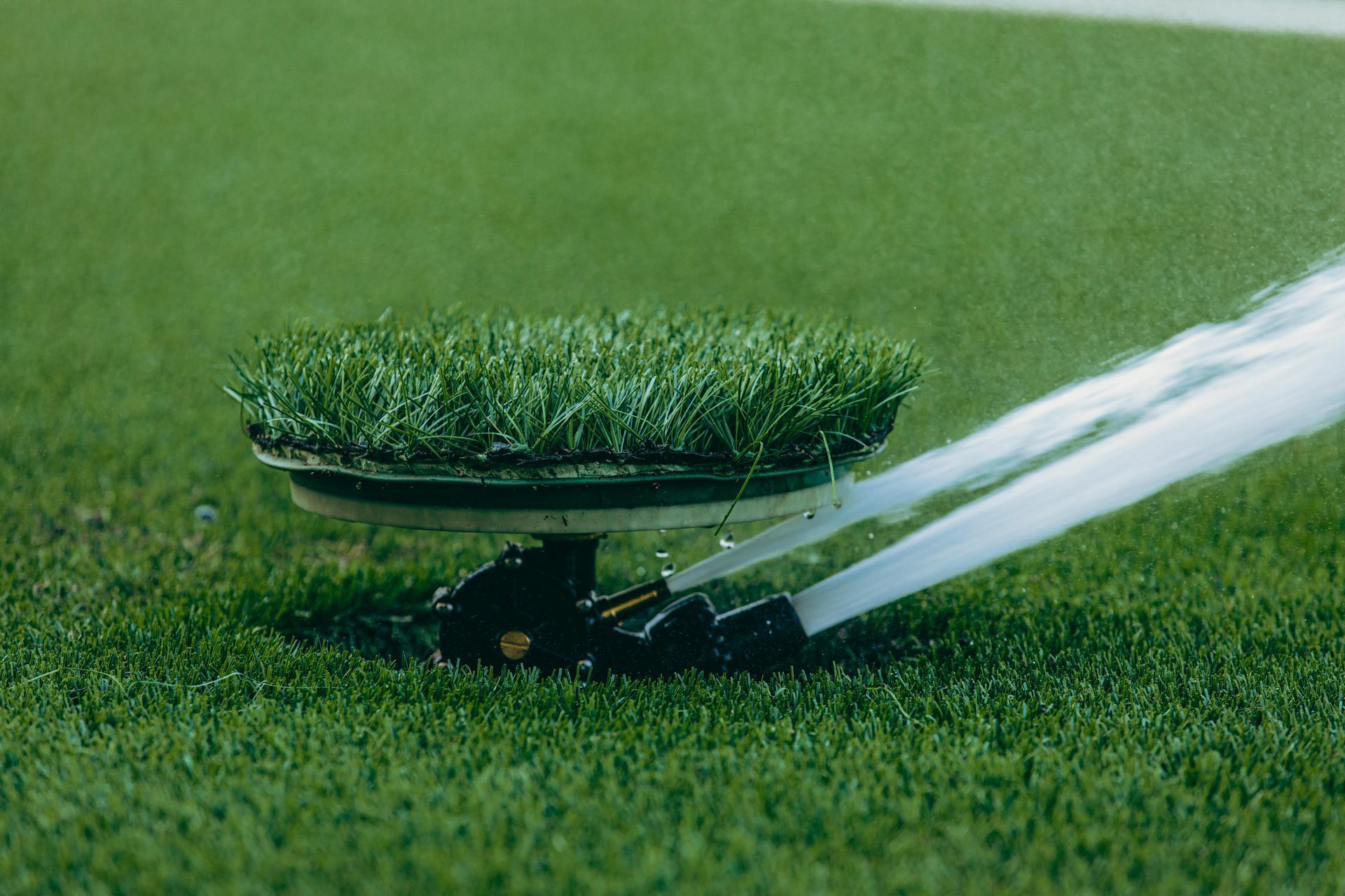 A sprinkler with green turf on top is spraying water on a green lawn.