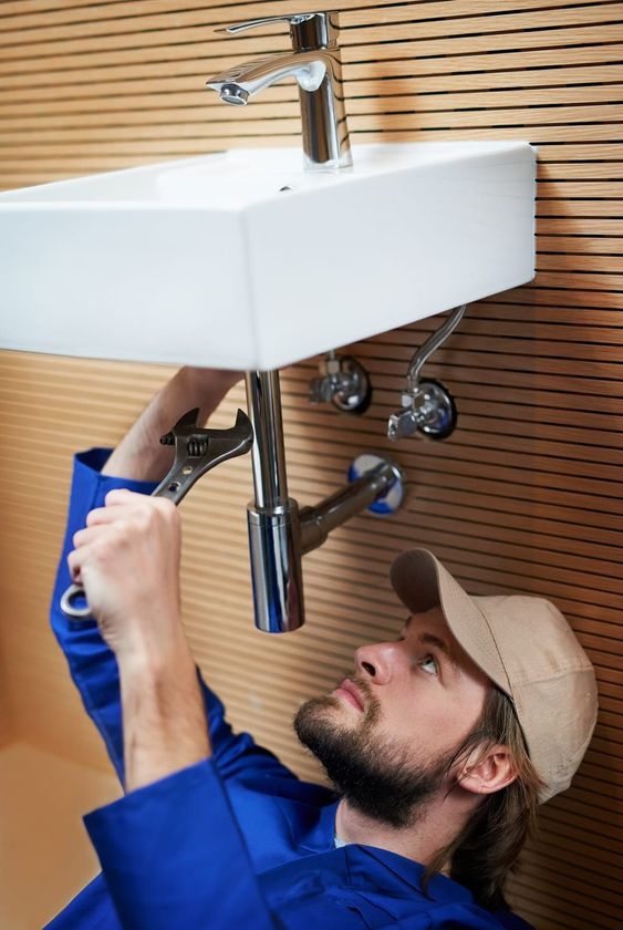 A man is fixing a sink with a wrench.