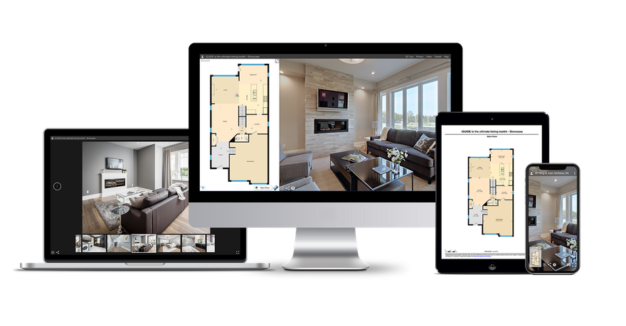 A computer , tablet , and phone are displaying a floor plan of a living room.