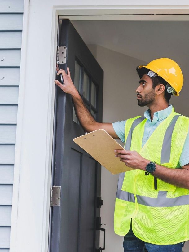 A man wearing a hard hat and safety vest is standing in front of a door holding a clipboard.