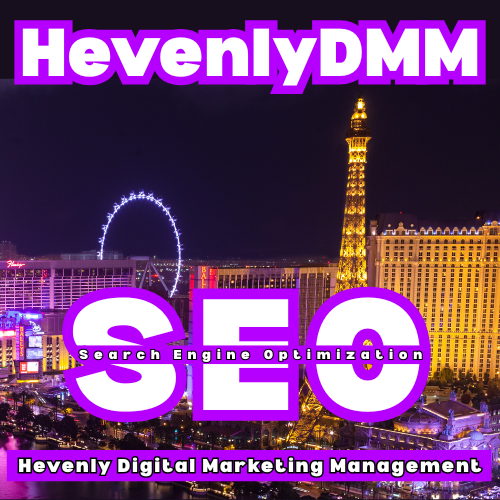 HevenlyDMM SEO: Las Vegas skyline with Ferris wheel and Eiffel Tower, purple and white text, SEO marketing.