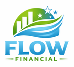 Logo for Flow Financial with blue and green wave design, bar graph, and stars.