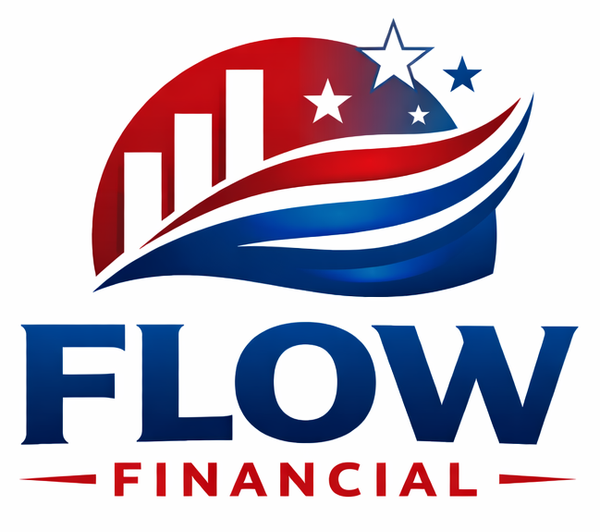 Logo for Flow Financial with blue and red design, featuring a rising bar graph, stars, and wing-like shapes.