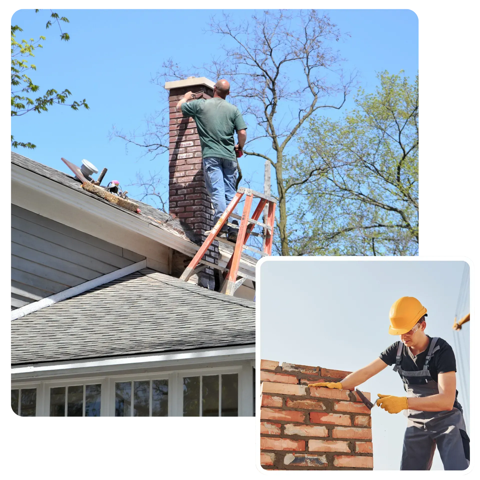 A man on a ladder is working on a chimney and a man is working on a brick wall.