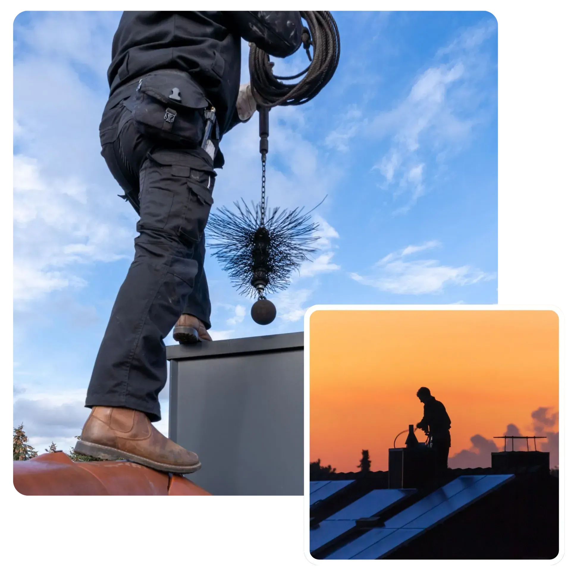 A man is cleaning a chimney with a brush.