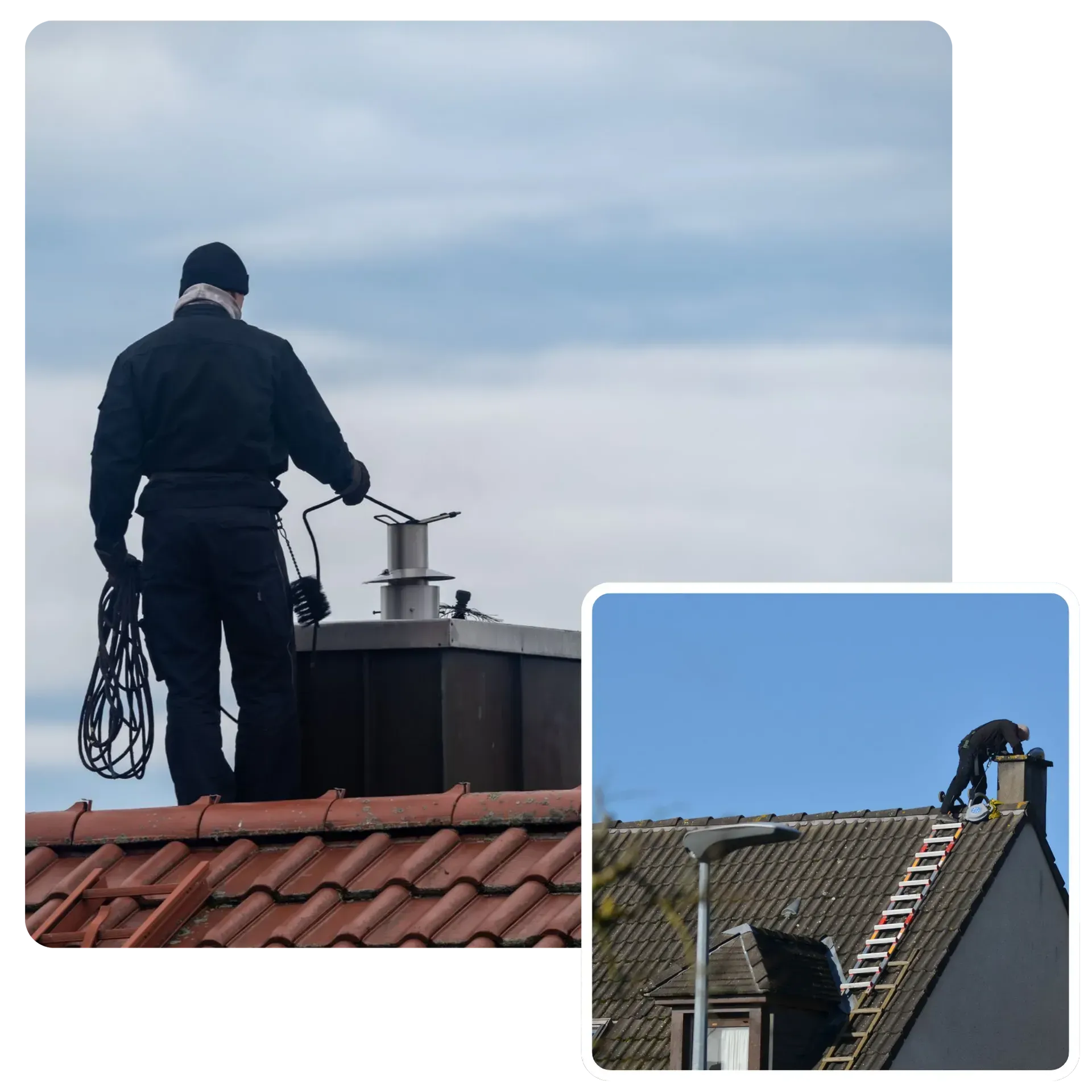 A man is standing on top of a roof with a chimney sweeper.