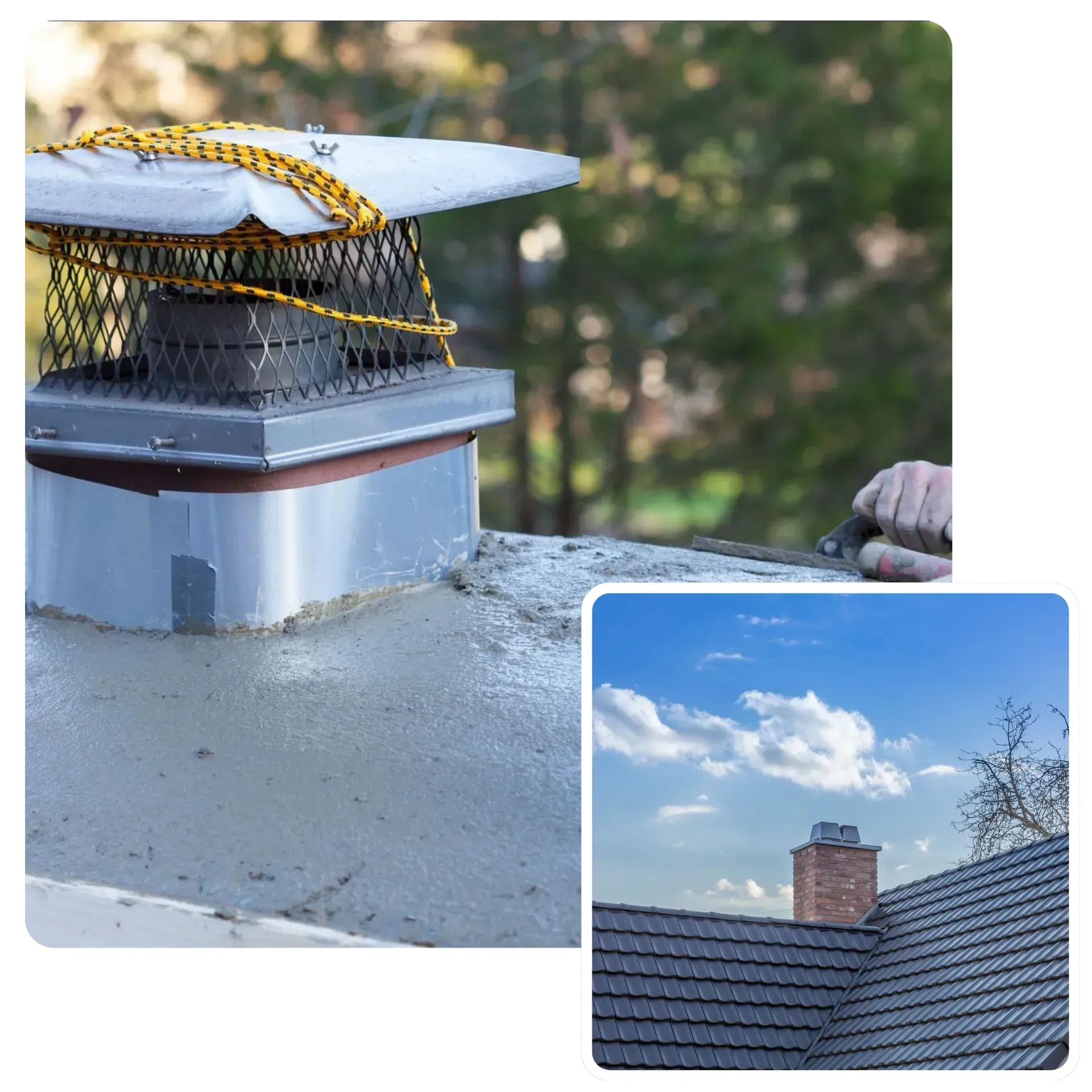 A person is working on a chimney on top of a roof.