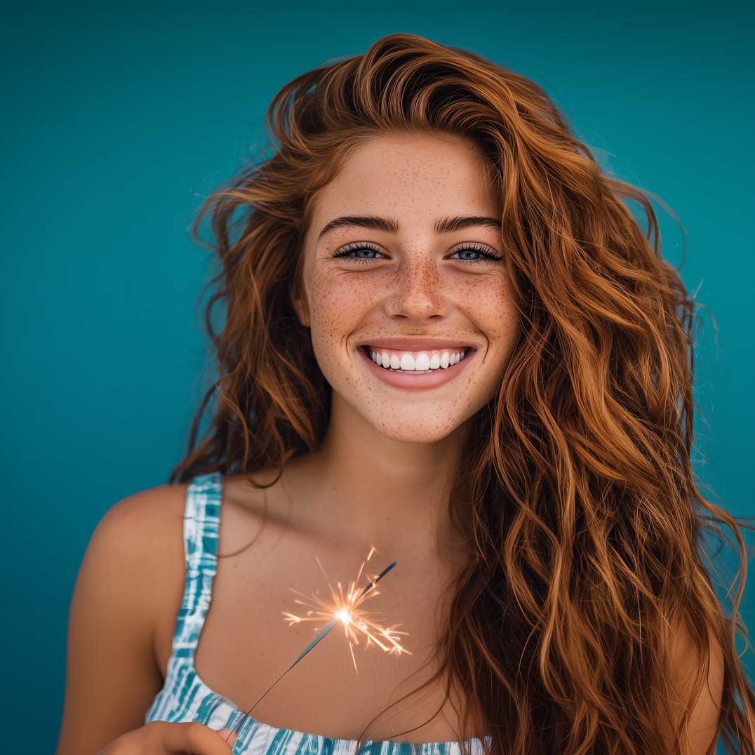 Woman with red wavy hair and freckles, smiling with sparkler, blue background.