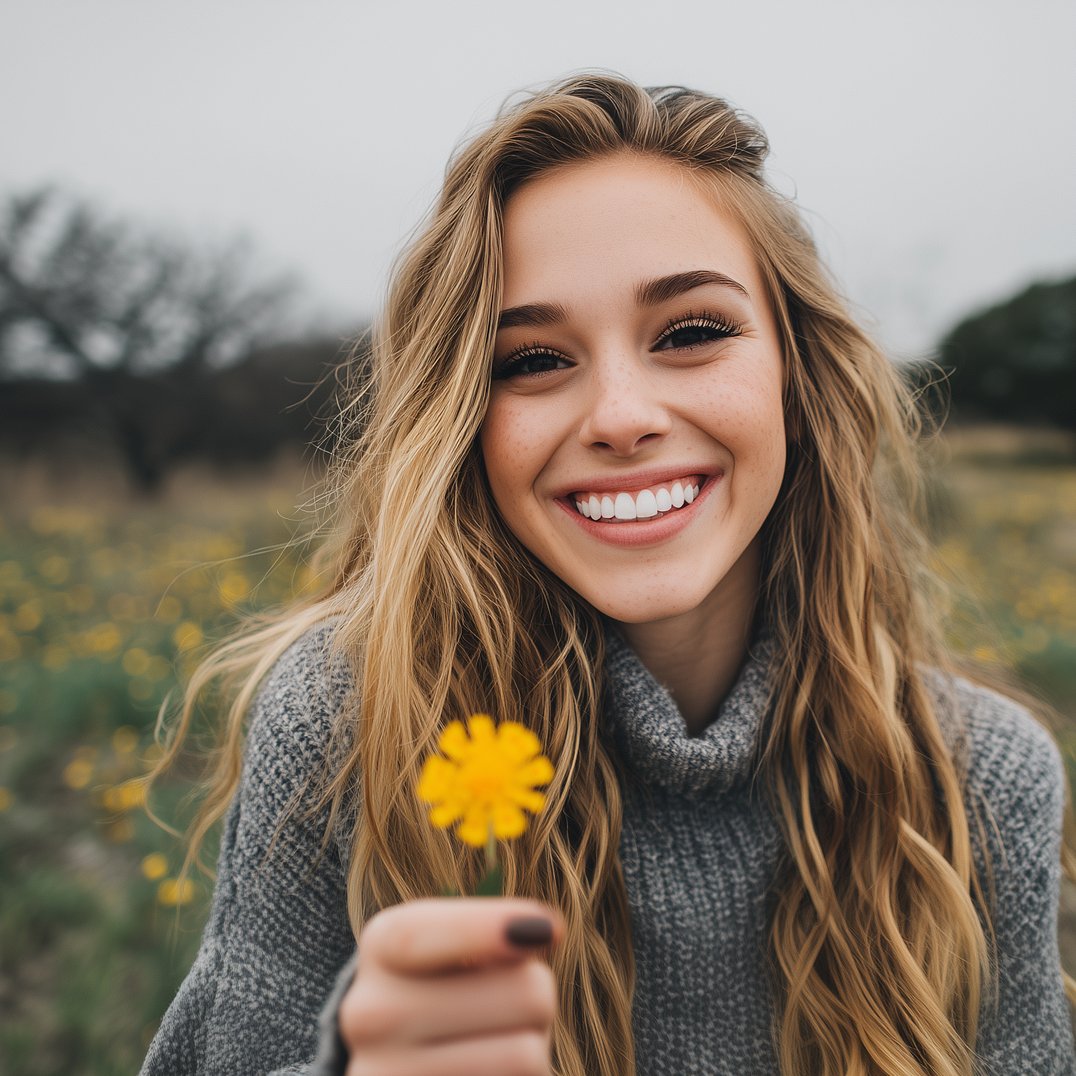Woman with long blonde hair smiles, holding a yellow flower in a field. She wears a grey sweater.