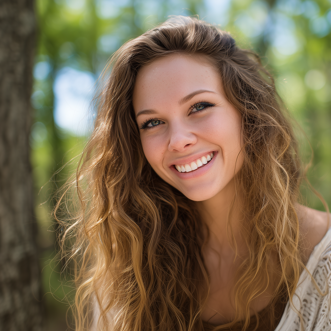 A person with wavy brown hair smiling brightly in a sunlit outdoor forest setting.
