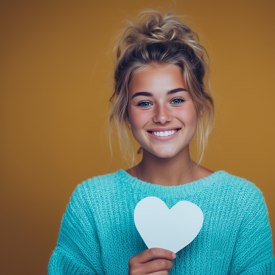 Woman holding a white heart, smiling, wearing a blue sweater, against a yellow background.