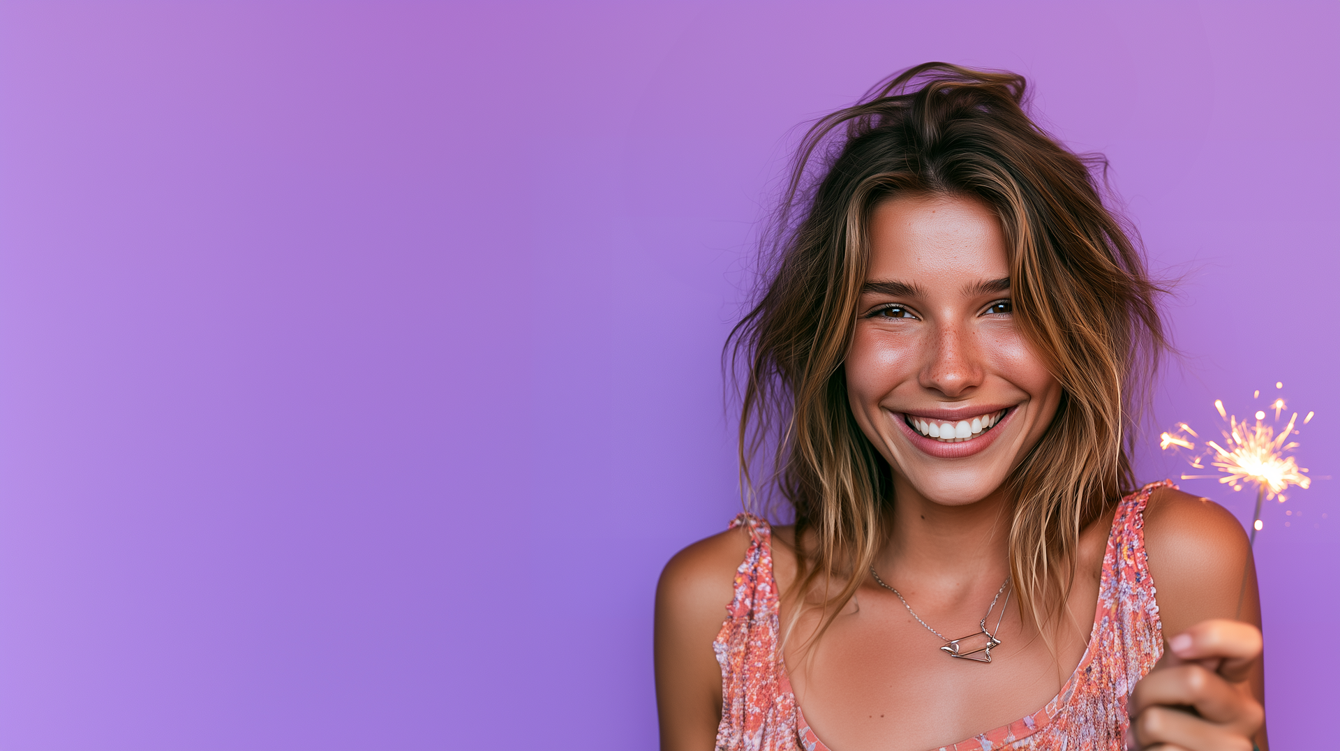 Smiling person with neon green glasses and top against a purple background