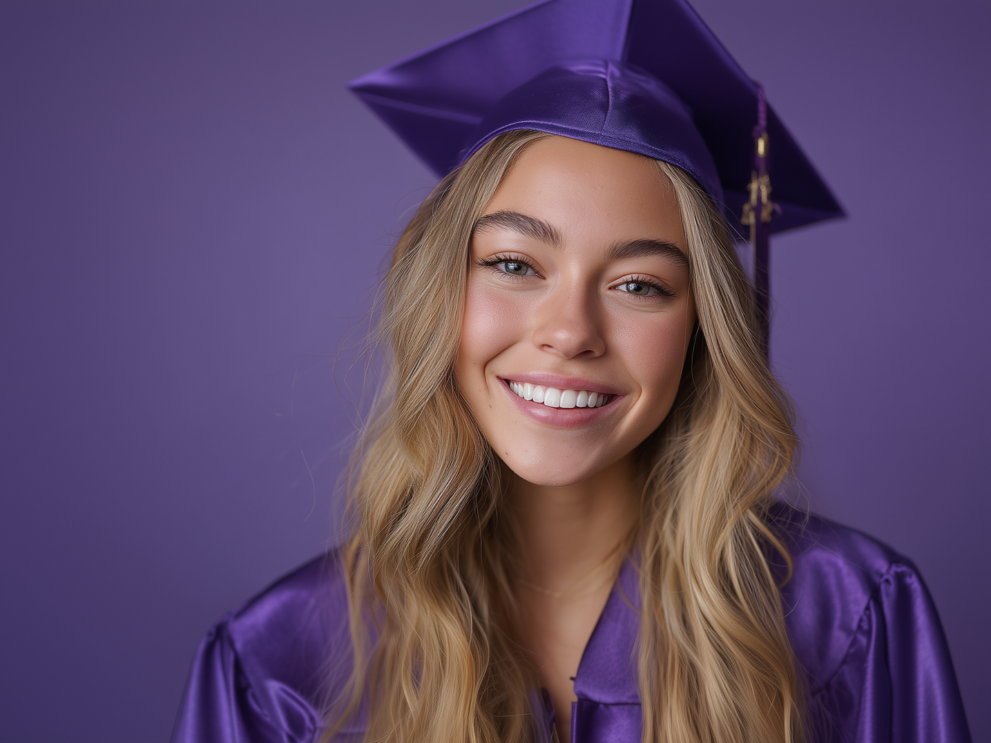 Smiling graduate in a purple cap and gown against a purple background