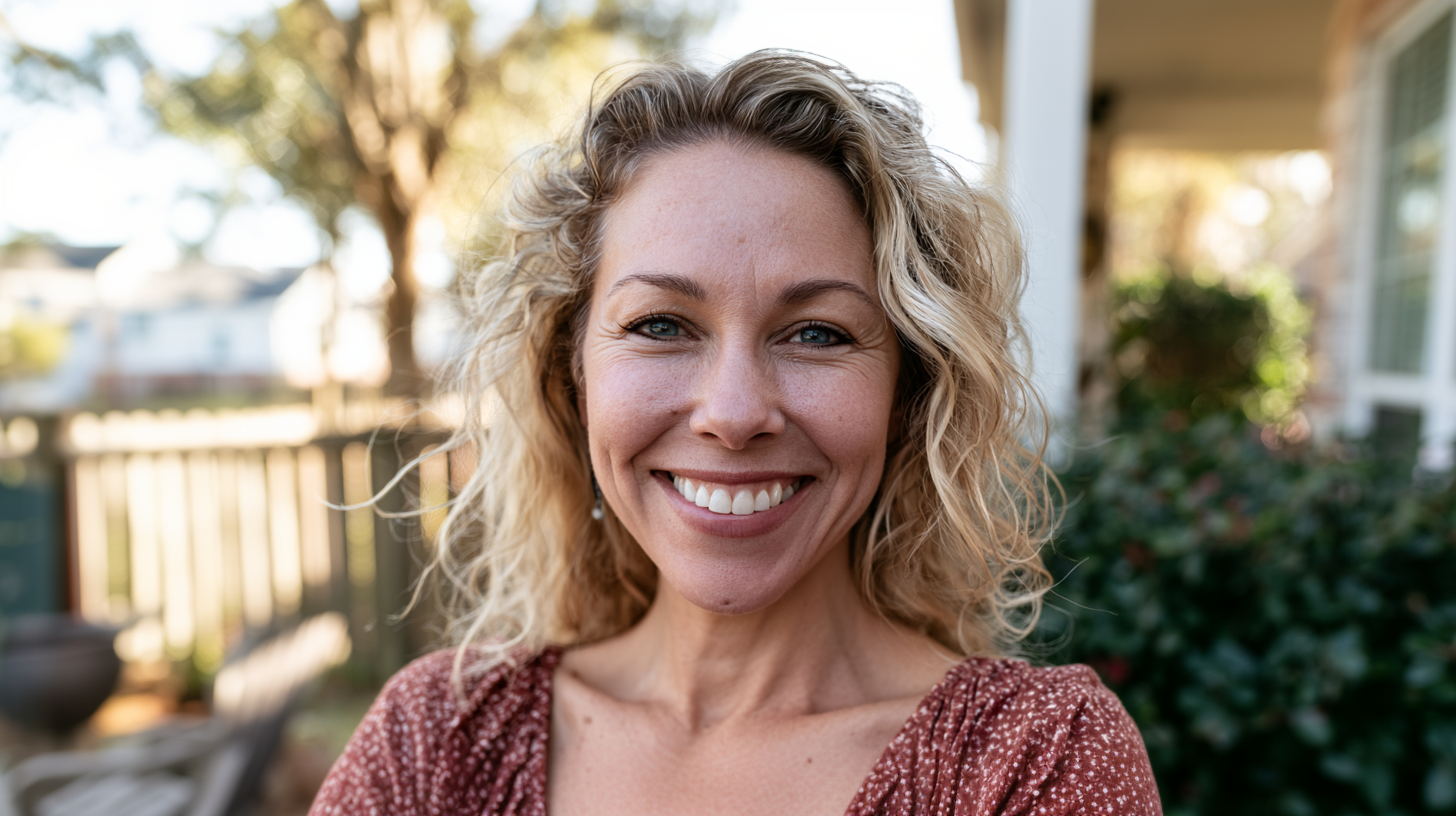 Smiling woman outdoors on a porch, with curly blond hair and a blurred garden background