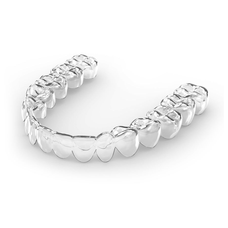 Close-up of a smiling mouth with clear ceramic braces on the upper and lower teeth.