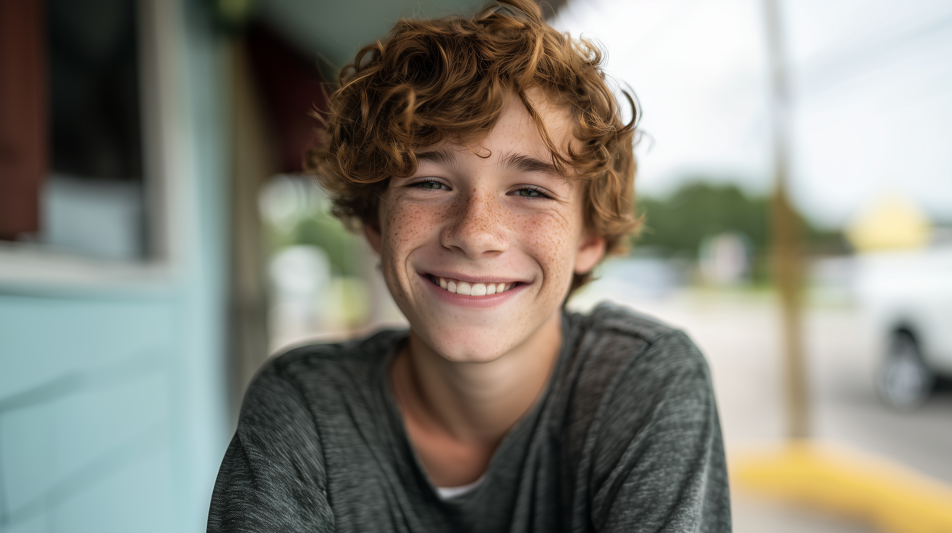 Boy with curly red hair and freckles smiles broadly.