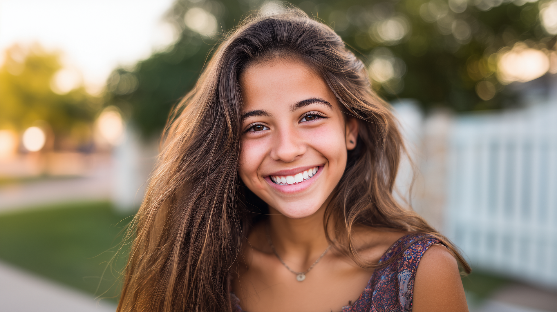 Woman with long brown hair smiles broadly outdoors.