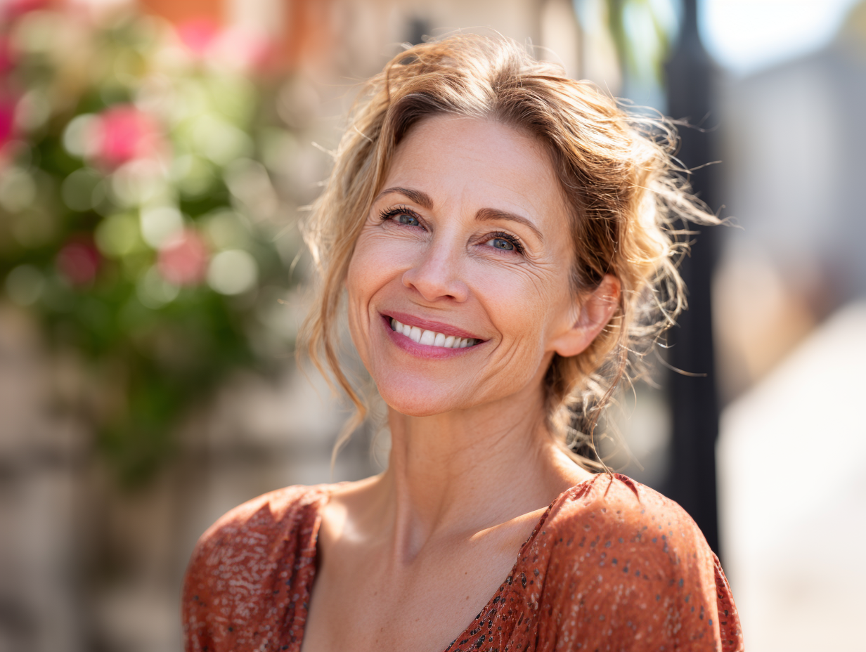 Smiling person with wavy light hair in a rust-colored top, standing outdoors with a soft-focus garden background.