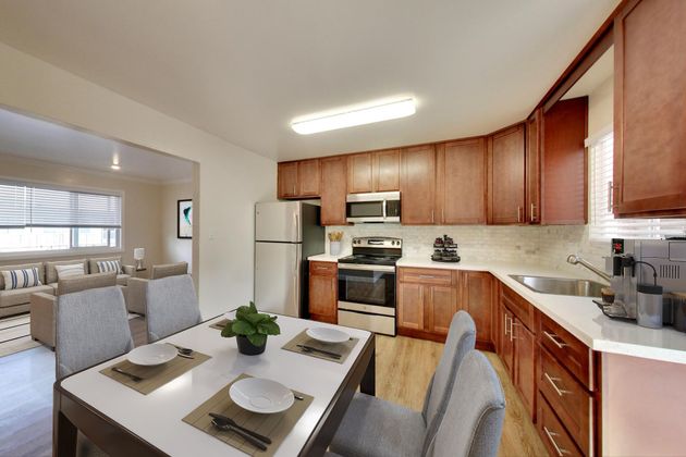 Interior photo of furnished kitchen dining area
