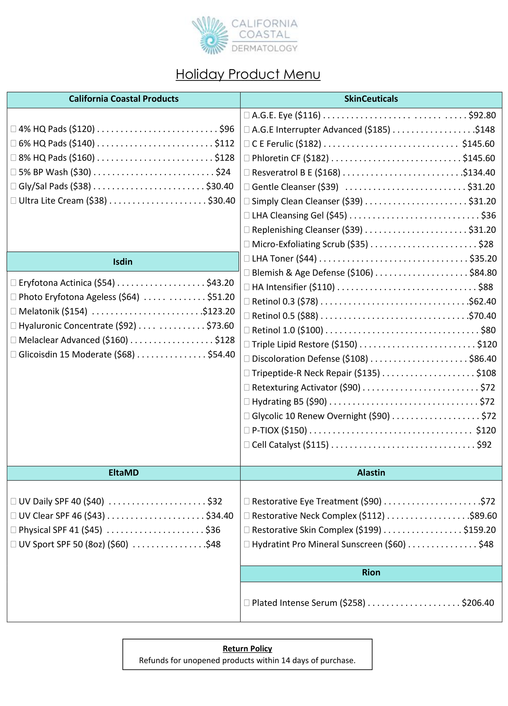 holiday product menu at California coastal dermatology - all products are 20% off