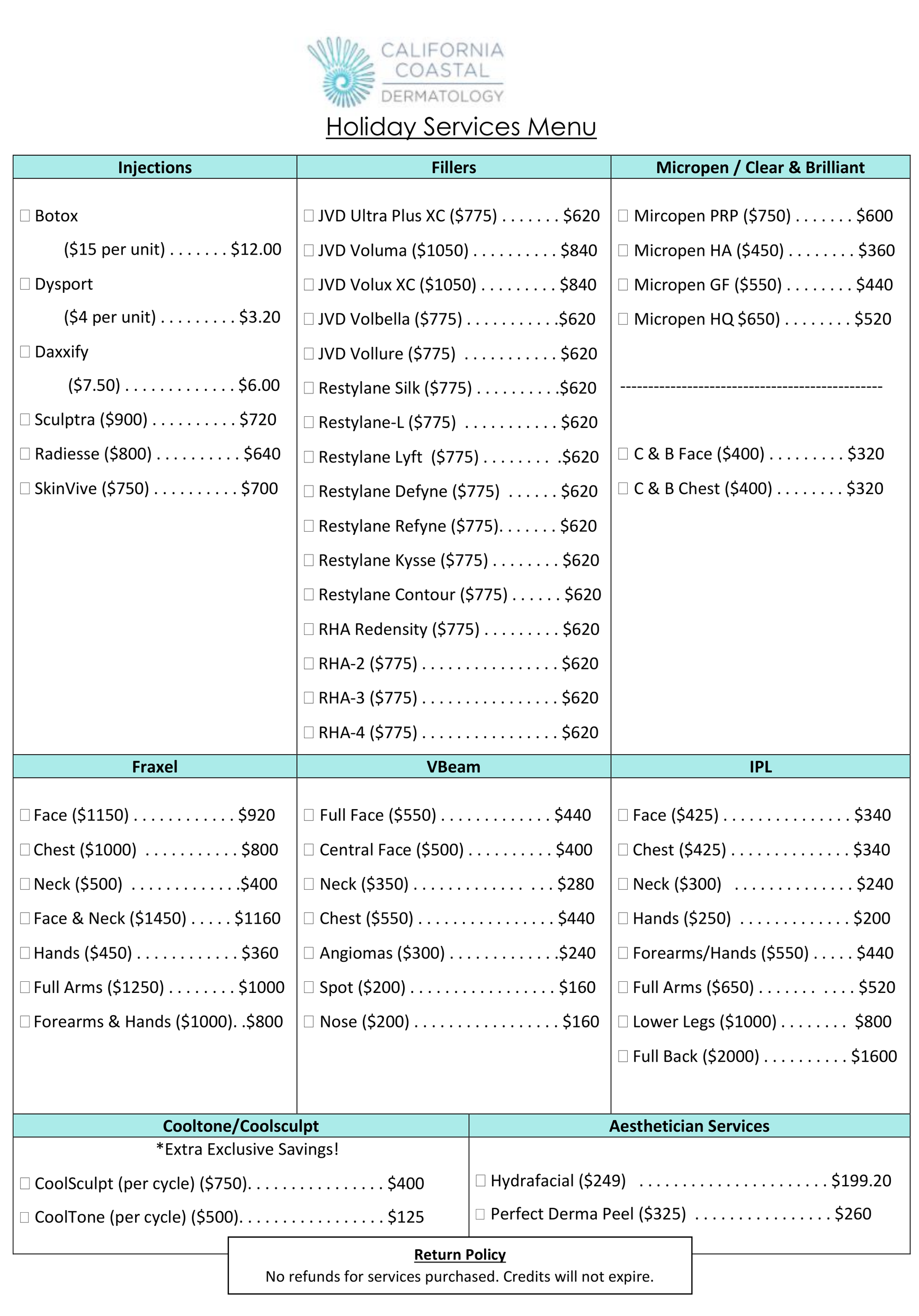 holiday services menu at California Coastal Dermatology - everything is 20% off 