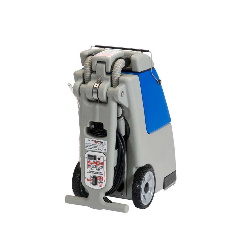 A carpet cleaner with wheels and a blue cover on a white background.