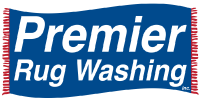 A blue and white logo for premier rug washing