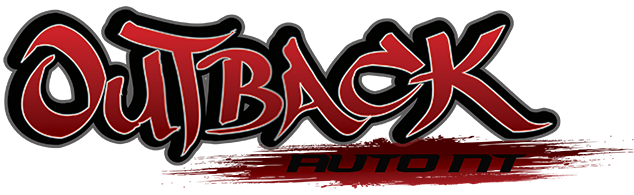 Outback logo in black and red with a brushstroke design