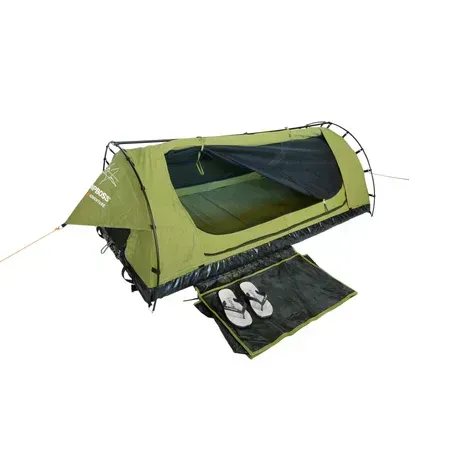 a Green Single-person Camping Swag Tent With a Black Mesh Opening  — Outback Auto NT in Berrimah, NT