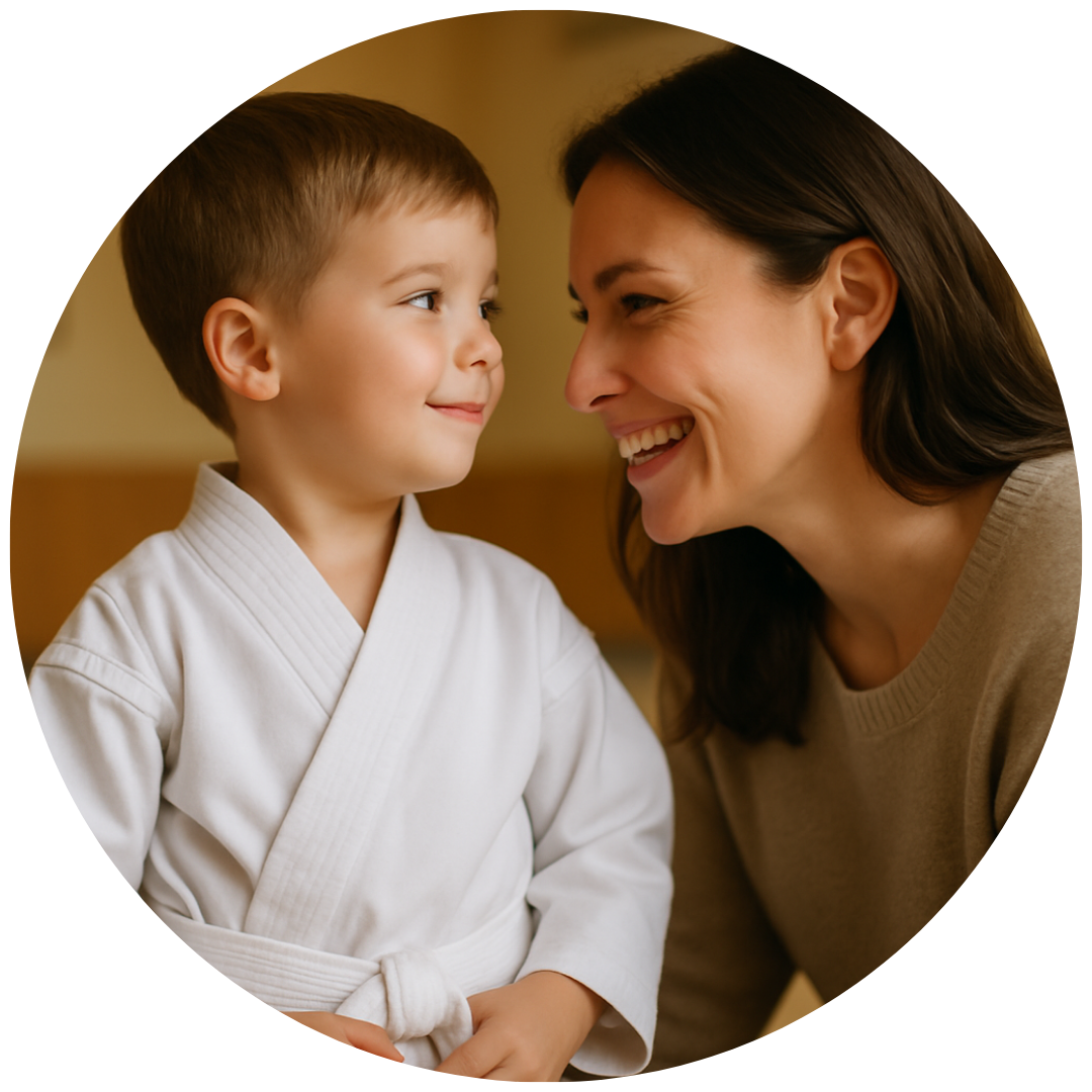 A woman and a young boy are looking at each other in a circle.