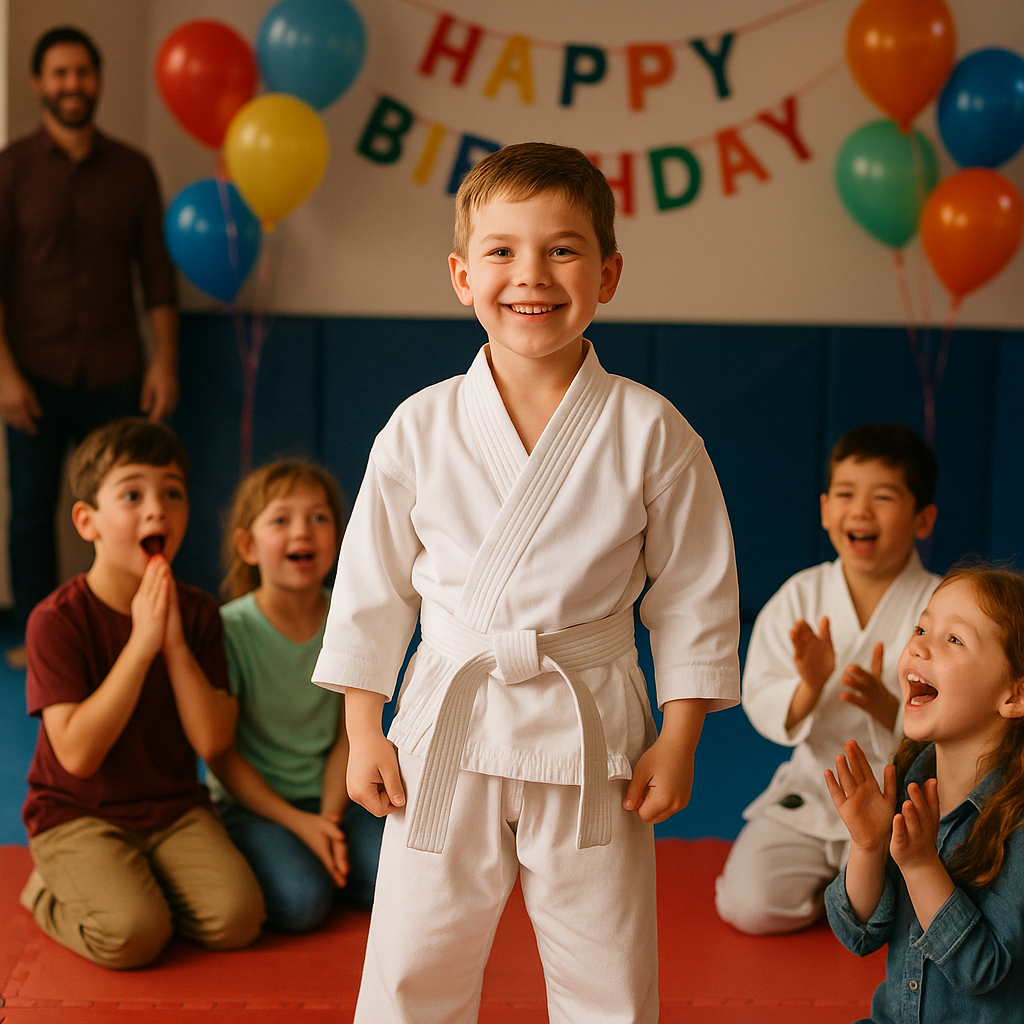 A young boy is wearing a white karate uniform and a purple belt.