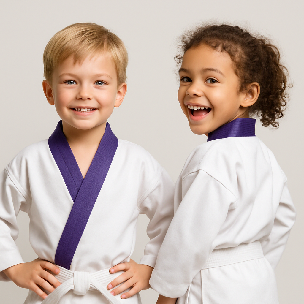 A boy and a girl are standing next to each other in karate uniforms
