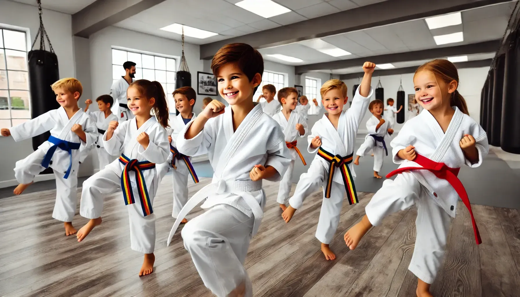 Children practicing martial arts in a bright, friendly Peekskill, NY studio. Kids ages 4-7 are weari