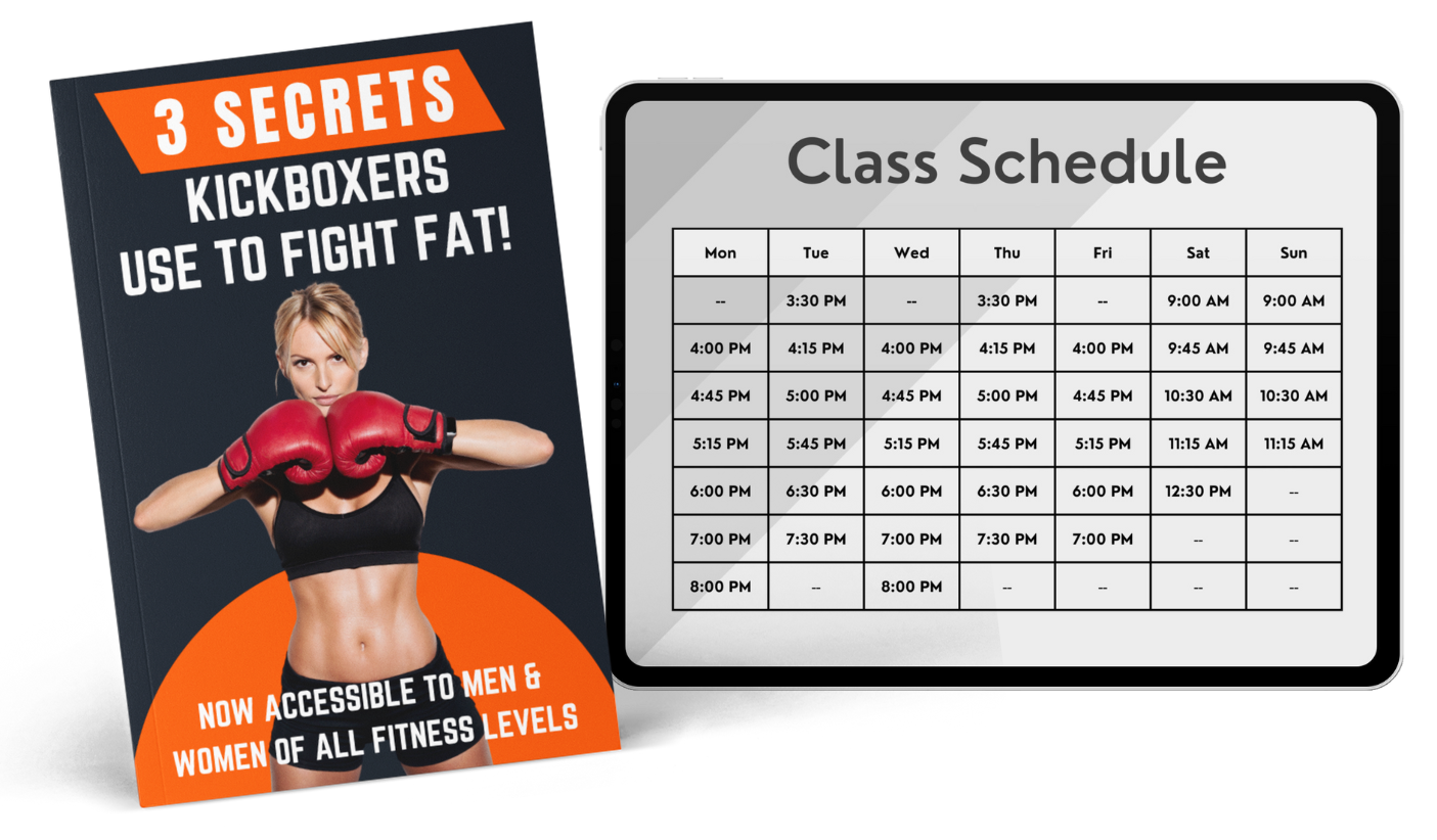 A woman wearing boxing gloves is standing next to a class schedule.