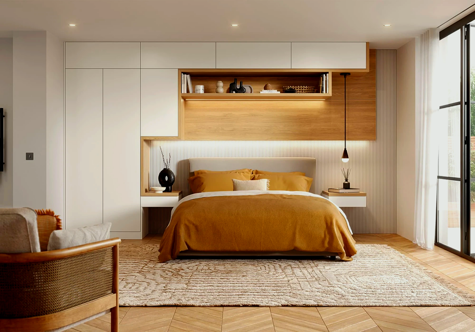 Cozy bedroom with mustard bedding, wooden accents, built-in storage, and a view to the outdoors.