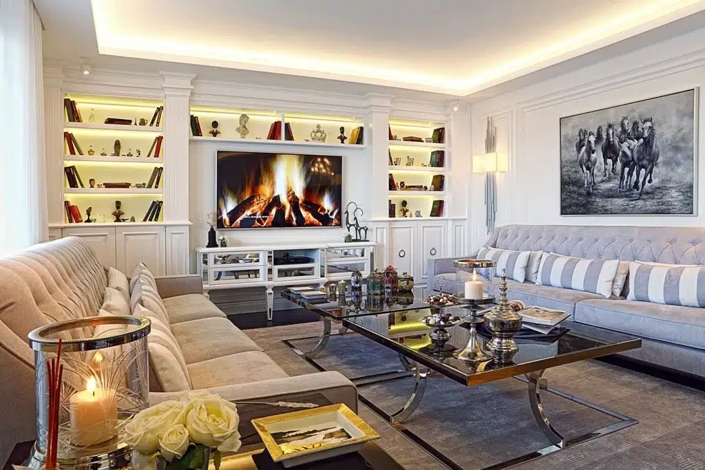 A living room filled with furniture and a fireplace.