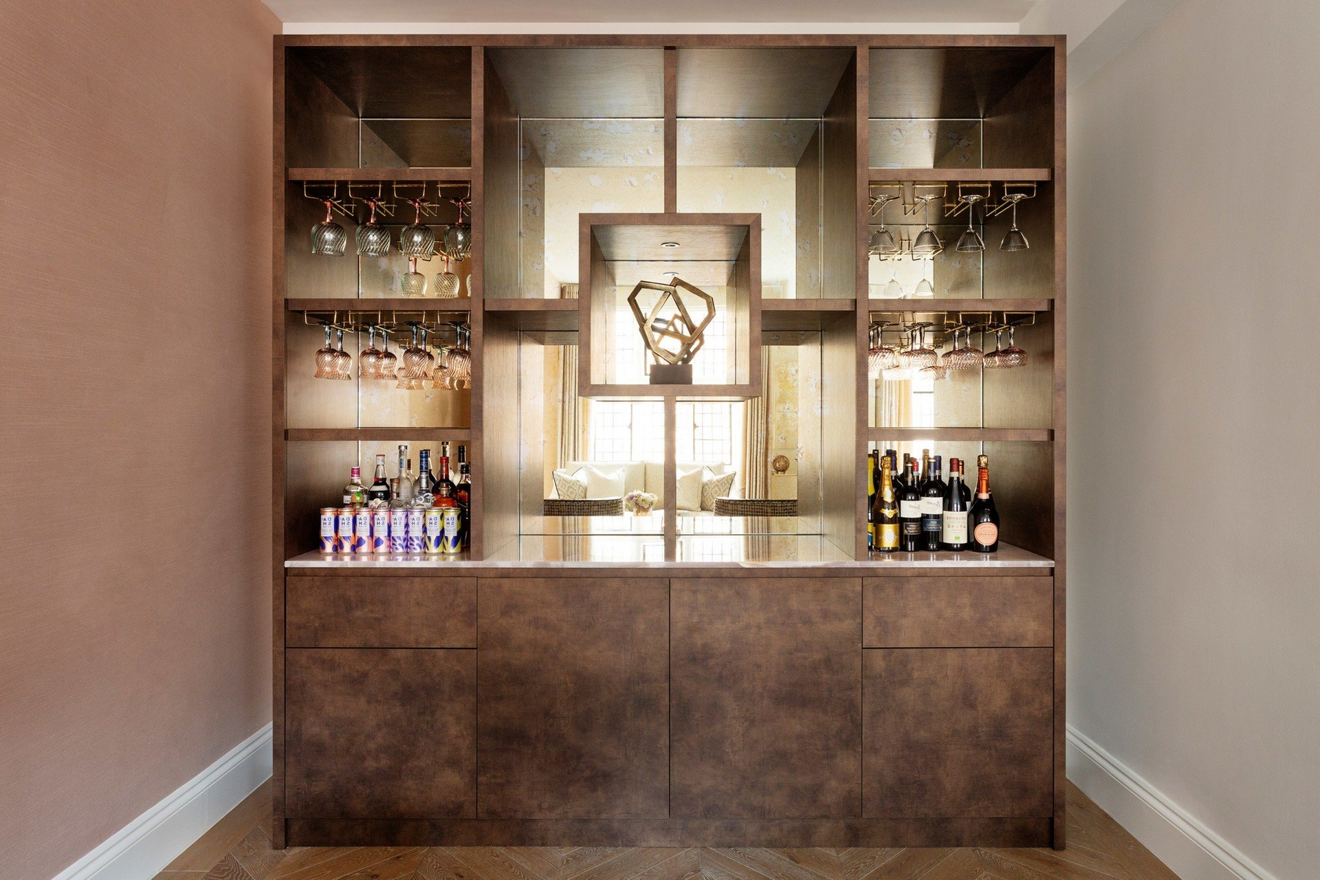 There is a bar in the middle of the room.
