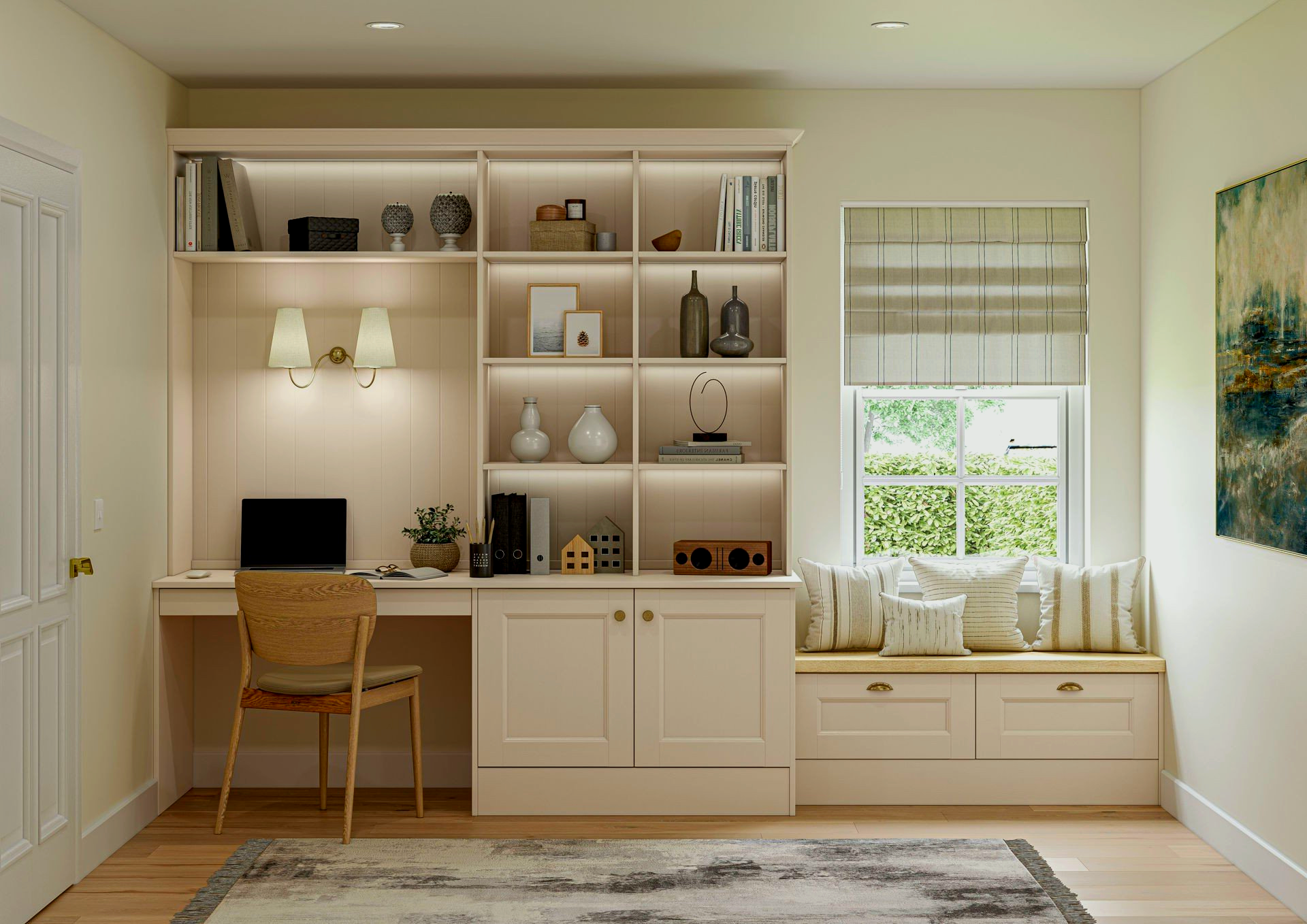A room with a desk, chair, shelves and a window.